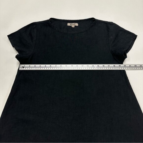 FLAX solid black linen round neck short cap sleeve top Medium minimalist - Picture 4 of 10
